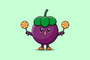 Cute cartoon Mangosteen holding lollipop candy vector