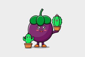 cartoon Mangosteen holding Mangosteen plant in pot vector