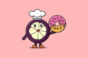 Cute cartoon Mangosteen chef character donuts vector