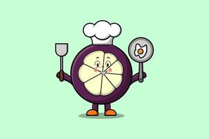 Cute cartoon Mangosteen chef hold pan and spatula vector