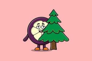 lindo personaje de mangostán de dibujos animados árbol escondido vector