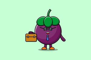 Cute cartoon Mangosteen businessman hold suitcase vector