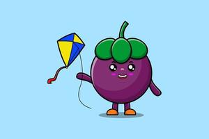 Cute cartoon Mangosteen playing kite flaying vector