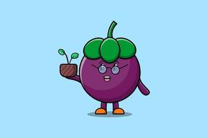 mangostán de dibujos animados lindo que sostiene la planta en una olla vector