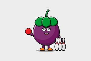 Cute cartoon Mangosteen character playing bowling vector