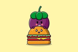 lindo personaje de dibujos animados de mangostán escondido en hamburguesa vector
