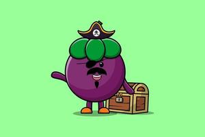 Cute cartoon Mangosteen pirate with treasure box vector