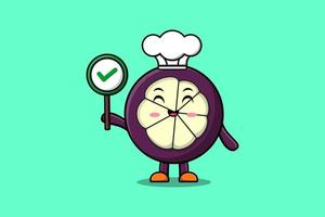 cartoon Mangosteen chef holding correct sign board vector