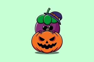 Cute Mangosteen cartoon hide in pumpkin halloween vector