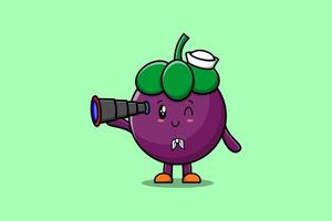 Cute cartoon Mangosteen sailor using binocular vector