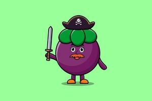 Cute cartoon mascot Mangosteen pirate hold sword vector