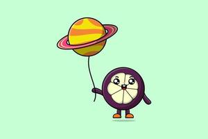 Cute cartoon Mangosteen floating with planet vector