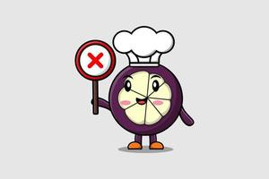 cute cartoon Mangosteen chef hold wrong sign board vector