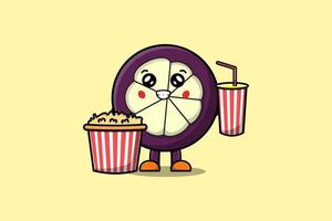 Cute cartoon Mangosteen with popcorn and drink vector