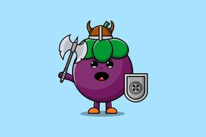 Cute cartoon character Mangosteen viking pirate with hat and holding ax and shield vector