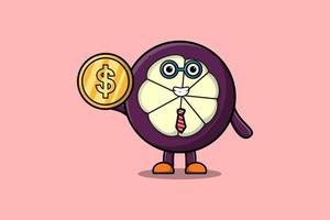Cute cartoon Mangosteen holding gold coin vector