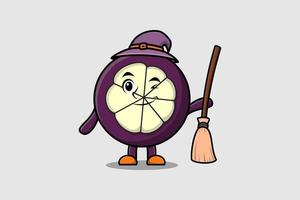 cartoon witch shaped Mangosteen with broomstick vector