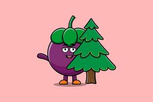 Cute cartoon Mangosteen character hiding tree vector
