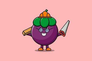 Cute cartoon Mangosteen as carpenter with saw vector