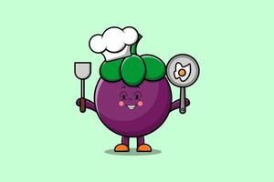 Cute cartoon Mangosteen chef hold pan and spatula vector