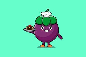 Cute Cartoon chef Mangosteen serving cake on tray vector