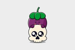 5Cute Mangosteen cartoon character hiding in skull vector