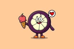 lindo personaje de mangostán de dibujos animados con helado vector