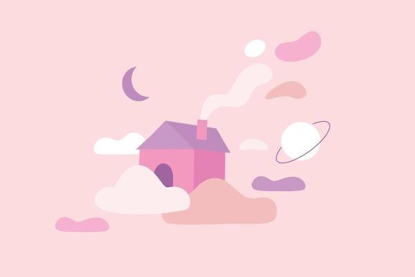 Cute house above the cloud in fantasy theme. Naive illustration design