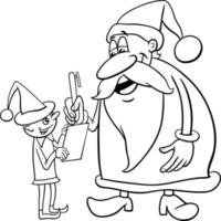 cartoon Santa Claus character with Christmas elf coloring page vector