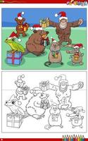 cartoon animal characters on Christmas time coloring page vector