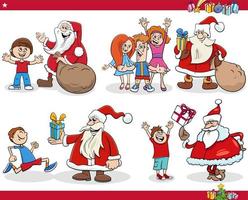 cartoon Santa Clauses giving Christmas gifts to kids