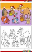 cartoon animal characters with Christmas prezents coloring page vector