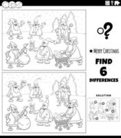 differences game with Santa Clauses characters coloring page vector