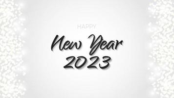 banner negro feliz año nuevo 2023 plata brillante. anillo brillante de metal con gráfico de brillo de polvo sobre fondo blanco. hermosa plantilla de diseño gráfico de números. lujoso calendario degradado vector