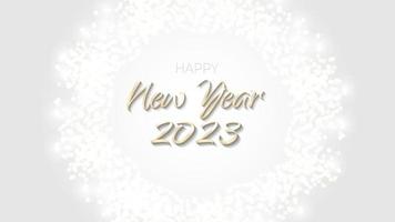 feliz año nuevo 2023 banner brillante círculo dorado. anillo dorado brillante con gráfico de brillo de polvo sobre fondo blanco. hermosa plantilla de diseño gráfico de números. lujoso calendario degradado vector