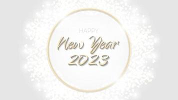 Happy New Year 2023 banner glittering golden circle. Gold sparkling ring with dust glitter graphic on white background. Beautiful numbers graphic design template. Luxurious gradient calendar vector