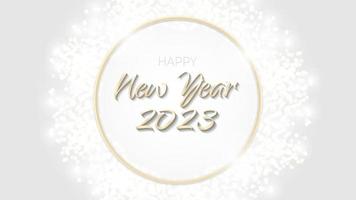 Happy New Year 2023 banner glittering golden circle. Gold sparkling ring with dust glitter graphic on white background. Beautiful numbers graphic design template. Luxurious gradient calendar vector