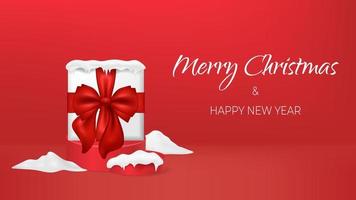 Christmas sale horizontal discount banner design template. Winter season. Scene round podium. Merry Christmas and happy new year background. Gift voucher. Red backdrop. Big gift with festive bow. vector