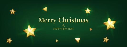 Green Christmas background banner with 3d realistic carved golden stars sparkle. Light shining. Holy night horizontal gorgeous Christmas card. Winter season flyer Merry Christmas and New Year. vector