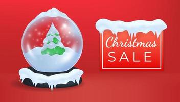 Red background Happy New Year. Merry Christmas ball with green pine tree covered snow, on studio scene, realistic 3d mockup. Holidays decorations glass globe. Vector illustration. Sale banner.