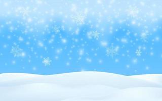 Winter season scene. Merry Christmas snow background. Vector 3d illustration glowing snowflakes falling. Winter landscape, blue sky, snowstorm. Empty space for product design.