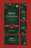 Set of three postcards Merry Christmas and Happy New Year. Christmas tree, glass gold balls and an elegant red bow with ribbons on a green background. Spruce, cedar, pine branch. Banner template. vector