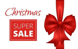 Christmas sale horizontal discount banner design template typography Snow falling in winter season. Merry Christmas and happy new year background. Gift voucher. White backdrop with Big festive bow. vector