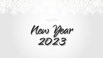 banner negro feliz año nuevo 2023 plata brillante. anillo brillante de metal con gráfico de brillo de polvo sobre fondo blanco. hermosa plantilla de diseño gráfico de números. lujoso calendario degradado vector