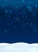 Snow in winter season, shiny glitter falling. Merry Christmas and happy new year background banner. Vector illustration in 3d realistic style. Night blue sky with snowflakes, snowy scene.