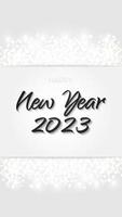 Black Happy New Year 2023 banner glittering silver. Metal sparkling ring with dust glitter graphic on white background. Beautiful numbers graphic design template. Luxurious gradient calendar vector