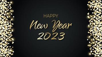 Happy New Year 2023 banner glittering golden. Gold sparkling dust glitter graphic on white background. Beautiful numbers graphic design template. Luxurious gradient calendar vector