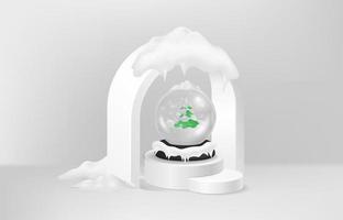 White background Happy New Year. Merry Christmas ball with green pine tree covered snow, on round cylinder studio podium, realistic 3d mockup. Holidays decorations glass globe. Vector illustration