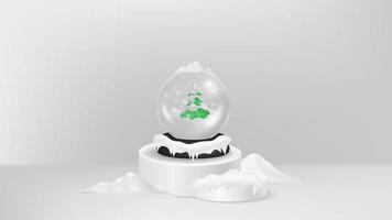 White background Happy New Year. Merry Christmas ball with green pine tree covered snow, on round cylinder studio podium, realistic 3d mockup. Holidays decorations glass globe. Vector illustration