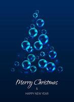 Snow in winter season, shiny glitter falling. Merry Christmas and happy new year background banner. Vector  magic illustration balls fizz in tree shape. Night blue sky with snowflakes, bubbles glow.